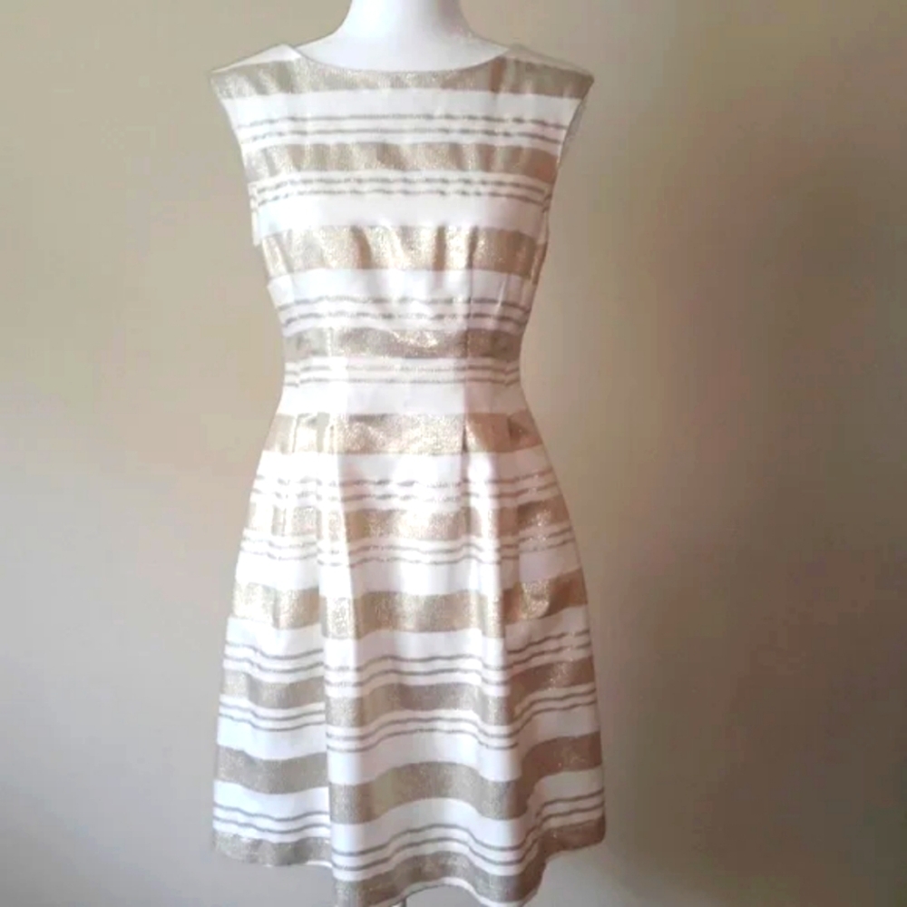 Vince Camuto Gold and Ivory Striped Fit & Flare Dress